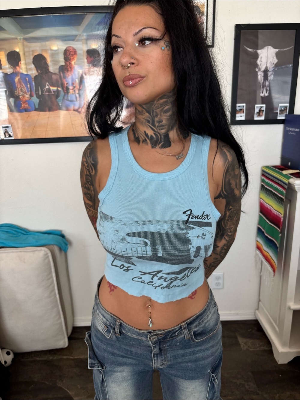Vintage Fender Sky Blue Los Angeles Graphic Cropped Tank